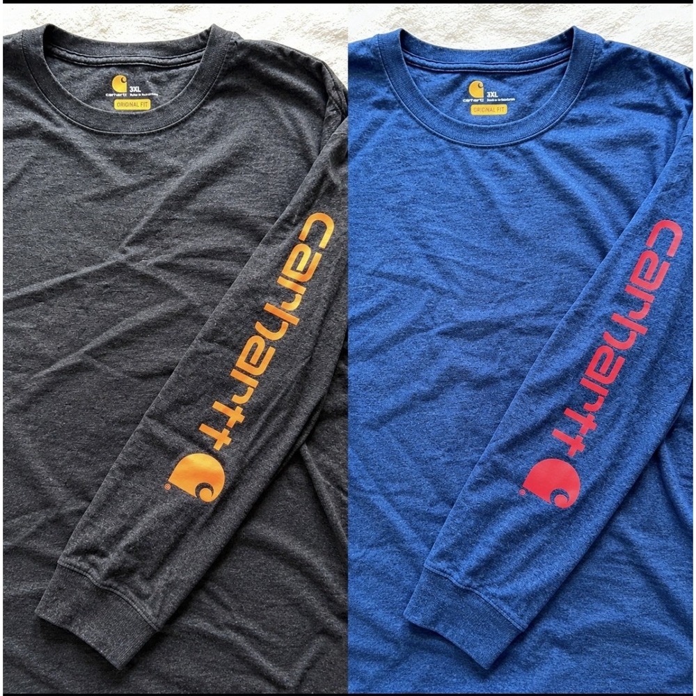 Lot of 2 Carhartt Men's 3XL K231 Long Sleeve Graphic Logo Work Shirts Blue Gray